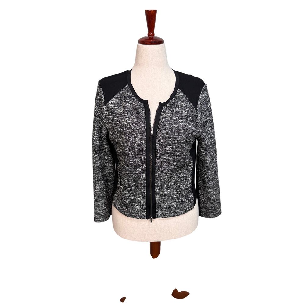 Eileen Fisher Boucle Tweed cropped no collar jacket black Ponte knit panels Sz M